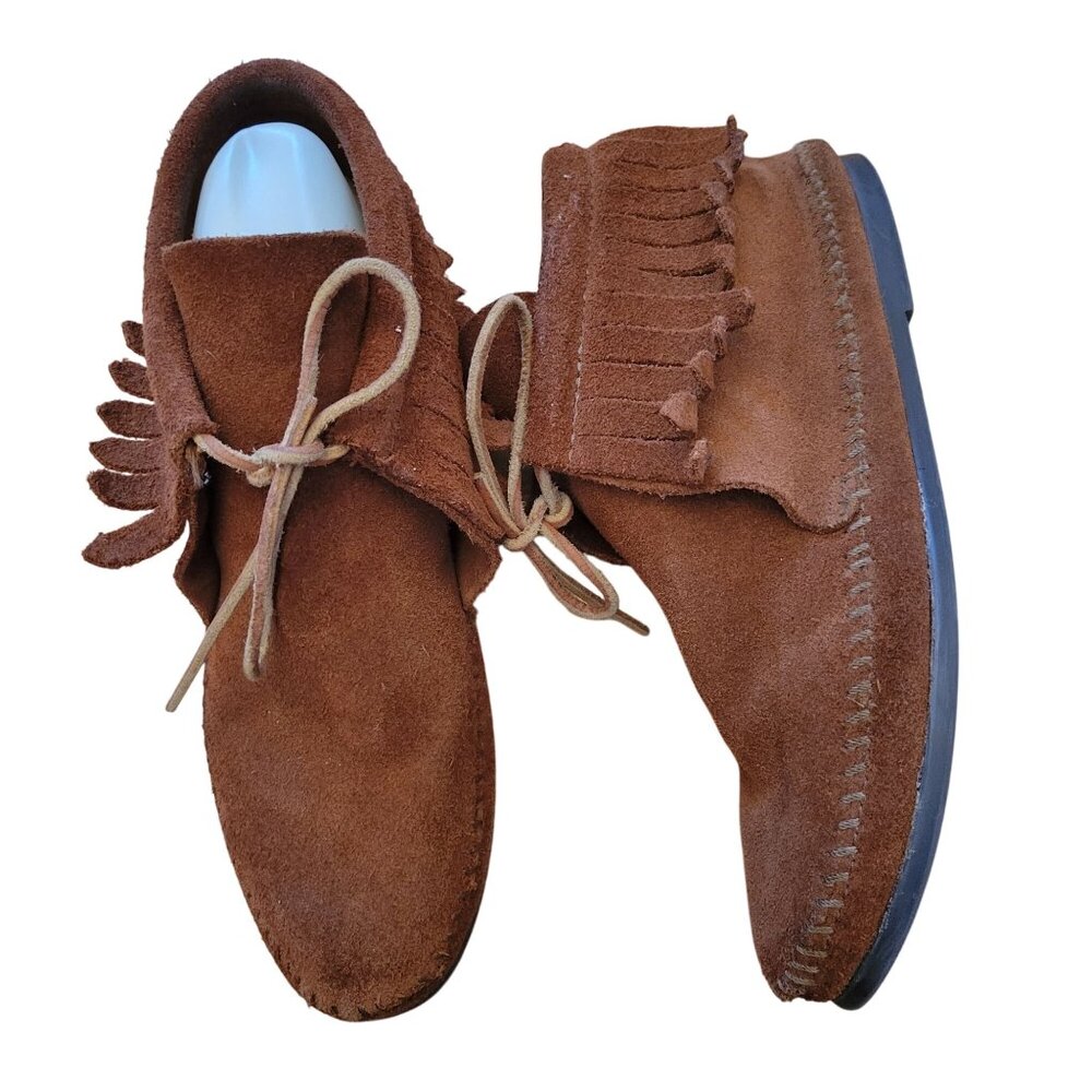 Minnetonka 7‎ Brown Leather Fringe Moccasins Ankle Boots Booties Hard Sole 682